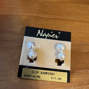 Vintage NAPIER Faux Pearl Gold Tone  Earrings New Old Stock Clip & Screw